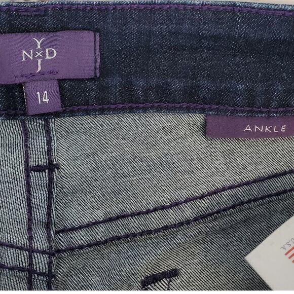 NYDJ Skinny Ankle Jeans 14 Ikat Floral Print Hem In Indigo Dark Wash Boho Casual - Picture 14 of 15